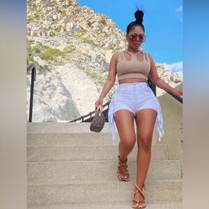 BNWT Purple Candy High Waisted Denim Shorts W/ Detailed Side Fringe White L